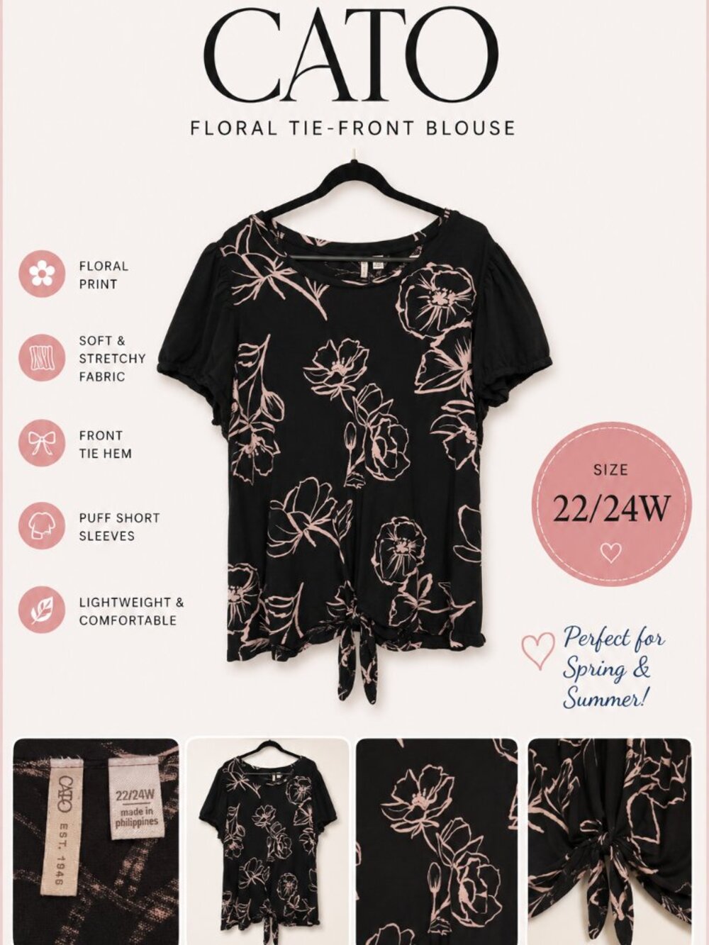 CATO Black Floral Blouse | Women's Plus Size 22/24W | Short Sleeve Stretch Top